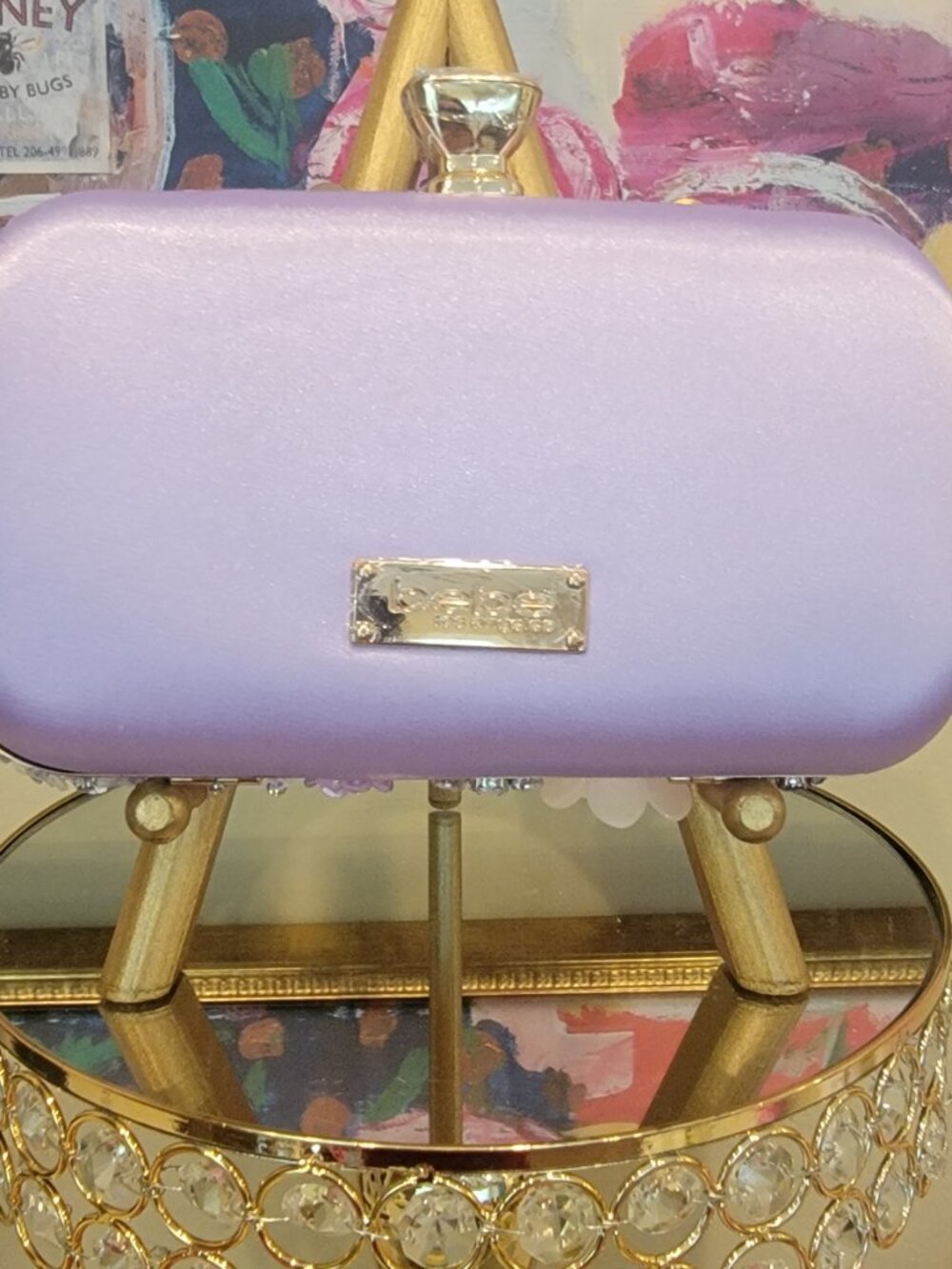 Bebe Clutch Purse Purple, Pink, Cream, Silver Flowers - Picture 3 of 6
